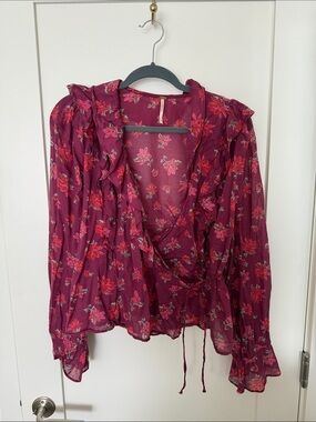 Free People Burgundy Floral Wrap Blouse